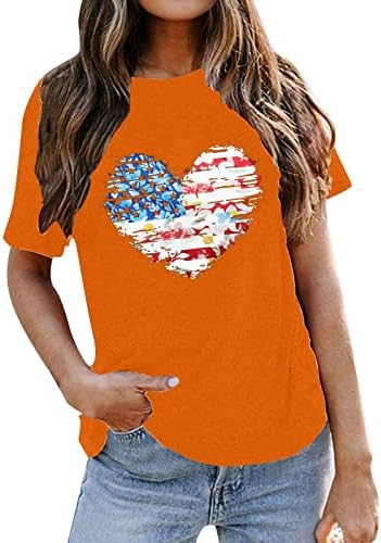 Listras e estrelas casuais femininas Impressão de bandeira dos EUA 4º de julho Crew pescoço Manga curta Camisetas de verão Tops