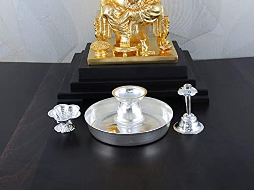 Goldgiftideas 4ps mais pooja thali banhado a prata, Pooja thali placa decorativa, presente de retorno para casamento e desgosto de casa