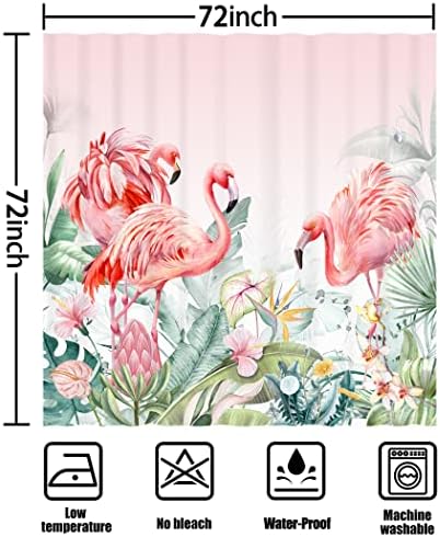 Cyrekud 72 x 72 Curta de chuveiro de chuveiro de verão de verão folhas florais de aquarela tropical Conjunto de banheiro rosa flamingo