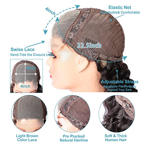 Alepaz Wave Deep Lace Front Wigs Human Hairleless Glueless 4x4 Transparente Lace Fechamento Perucas pré -arrancadas com cabelos