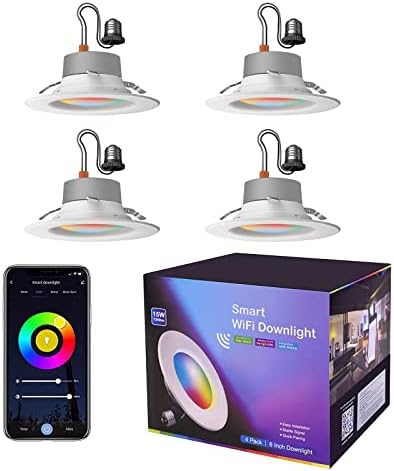 Iluminação embutida de LED inteligente de Hutakuze, LED de 6 polegadas pode acender ， iluminação embutida, RGBCW Smart Downlight 1350lm, trabalha com Alexa/Google Assistant