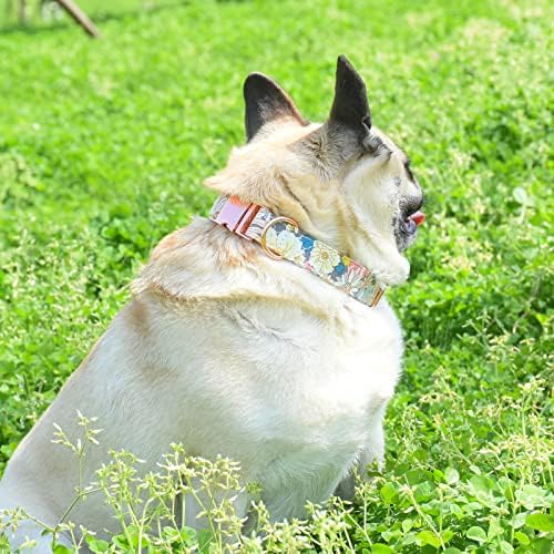 Fivela de metal de colarinho de cachorro de algodão com padrão de flor fofo, colar de cachorro ajustável confortável e confortável para cães grandes pequenos, amarelo)