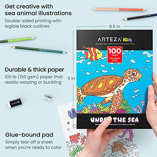 Kit de Livro para Colorir Crianças Arteza e lápis, 8,5x11 polegadas, ilustrações de criatura marítima, 50 folhas de colorir dupla