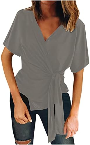 Blusas de manga curta feminina blusas tees vneck wrap bandagem cross cross plain outono bordas de verão roupas 4c