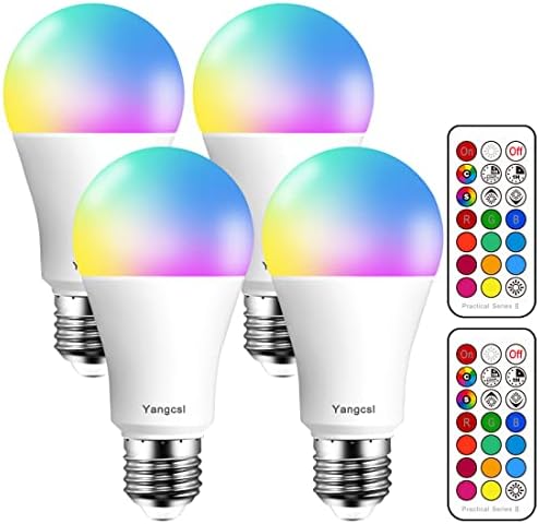 Lâmpadas LED Yangcsl LED 70W equivalente, lâmpada de lâmpada de mudança de cor RGB, 2 humor/memória/sincronização/diminuição, base de parafuso A19 e26, controle remoto de tempo incluído