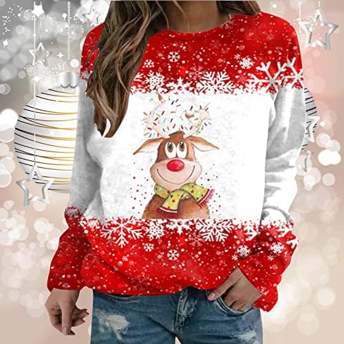 Camisas de Natal de Beuu para mulheres alces e flocos de neve imprimem jumpers soltos sufadas casuais de manga longa do