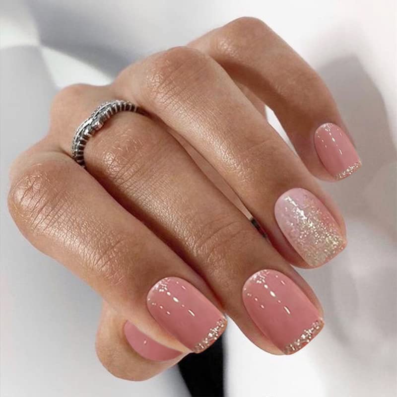 Qingge rosa prenda unhas unhas quadradas de comprimento curto com unhas de brilho de ouro de ouro Bling simples em unhas cola em