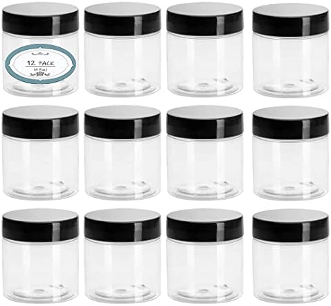 12 Pacote de 4 onças de frascos de plástico com tampas e etiquetas de plástico transparente em contêineres cosméticos