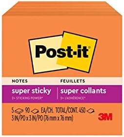 Post-it Super Sticky Notes, 3x3 in, 5 almofadas, 2x o poder de aderência, laranja neon,