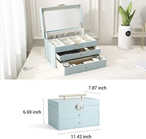 CaseGrace Jewelry Box Organizador, organizador de jóias de 3 camadas 2 gavetas armazenamento de jóias, ordenha de jóias com espelho