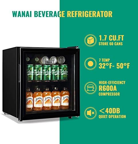 Wanai Mini Flidge Refriger 60 pode refrigerador de bebida preto mini porta de vidro de geladeira para refrigerador de refrigerador de refrigerador de refrigerador de refrigerador Removível para o escritório do escritório em casa