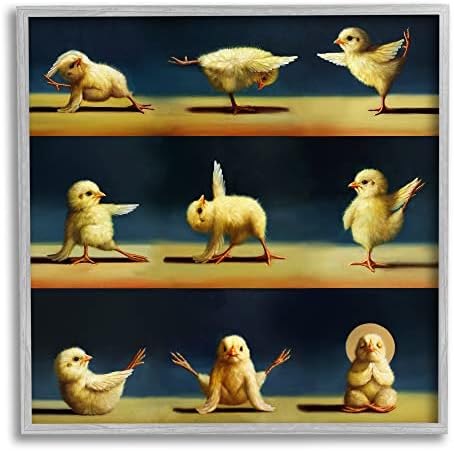 Stuell Industries Yoga Chicks Alongando Animais de fazenda Pintura de exercícios engraçados, design de Lucia Heffernan Grey emoldurado arte de parede, 12 x 12, amarelo
