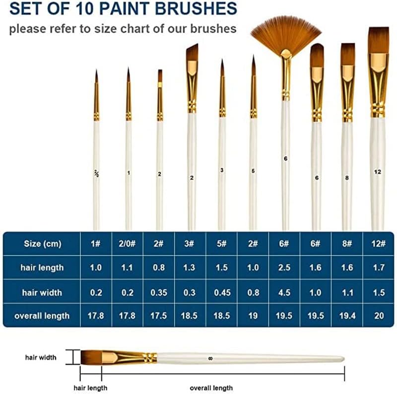 Czdyuf 10pcs pincéis de tinta define escova de cabelo de nylon para pintura de acrílico a óleo de aquarela tinta Diy Kid Student Artistic Brush Art Supplies