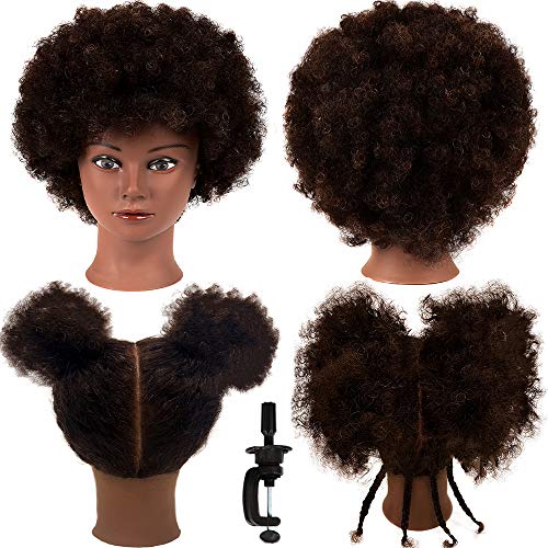 Cabeça africana de manequim com cabelo humano, mannequins manicanos de cosmetologia encaracolada, com suporte
