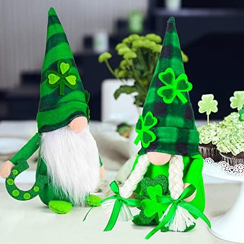 2pcs St Patricks Decorações do dia, gnomos verdes luxuosos com tema irlandês Gnome Combattop Centerpipe Sign Ornamentos para