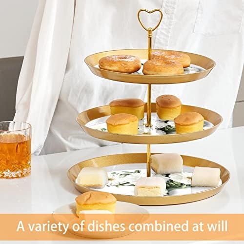 Torre de sobremesa de exibição de cupcakes, plástico de 3 pastelaria em camadas de porção de ouro, margaridas brancas Torre de