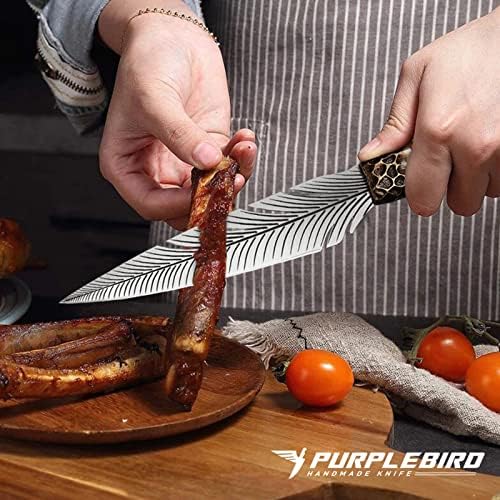 Faca Viking de penas Purplebird, Mão japonesa forjou uma faca de desossa com bainha, faca afiada para carne e frutas,