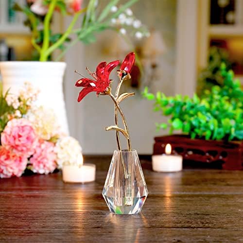 Flor de lírio de tigre de cristal com vaso de metal caule vermelho lírio de flor colecionável para mamãe, estatuetas artificiais florais de lilium de vidro para decoração de festa de casamento em casa