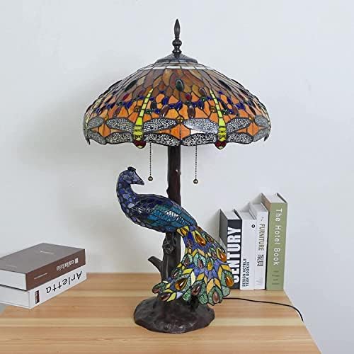 Anjyueu Tiffany estilo pavão lâmpada de tabela de lâmpada de espalhada lâmpada de mesa de vidro lâmpada retro mediterrânea lâmpada de