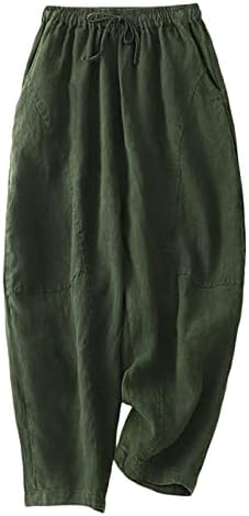 LCECCY 2023 Solid Elastic de algodão feminina calça de linho da moda Casual Casual Cantura Cappris com bolsos