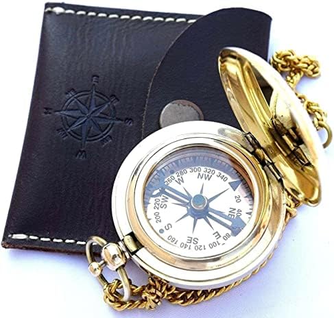 Compass náutico Brass Push Open Compass On Chain With Leather Case Bolso Pocket Compass Aventura Ferramenta de sobrevivência Antique