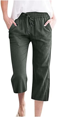 calças de linho lcepcy capri para mulheres casuais cordas de tração alta calça de perna larga de perna larga calça solta com bolsos