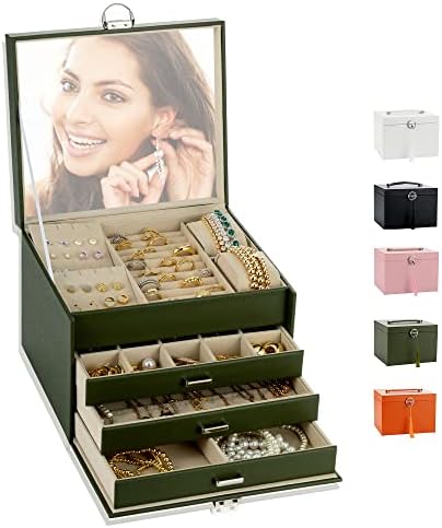 Caixa de jóias Keniy para mulheres, 4 camadas Caixa de armazenamento de jóias grandes com espelho, caixa de jóias de