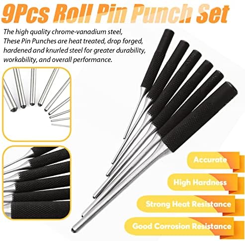 Rustark 12pcs Roll Pin Punch Tools Set com Kit de reparo de pinos de aço de martelo para automotivo, relógio e artesanato