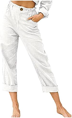 Calças de linho de algodão feminino meymia, 2023 Summer Womenm Solid Color Relax Relax Wide perna Cintura elástica de calça frontal plana