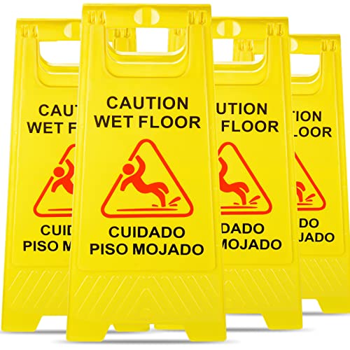 4 PCs alertam o sinal de piso úmido, dobrável resistente bilíngue de dupla face de segurança sinais de aviso de aviso no piso molhado