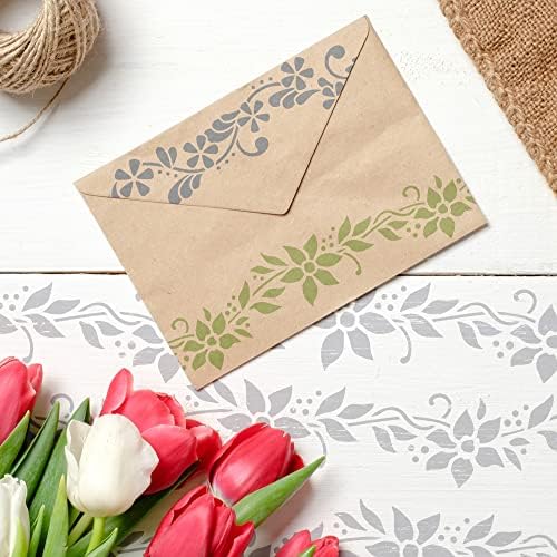 Estêncil de plástico reutilizável na NAKLEO DIY - 15x21cm / 5,8 ”x 8,3” - Flowers Mini Border - Art Craft Wall Painting Pattern