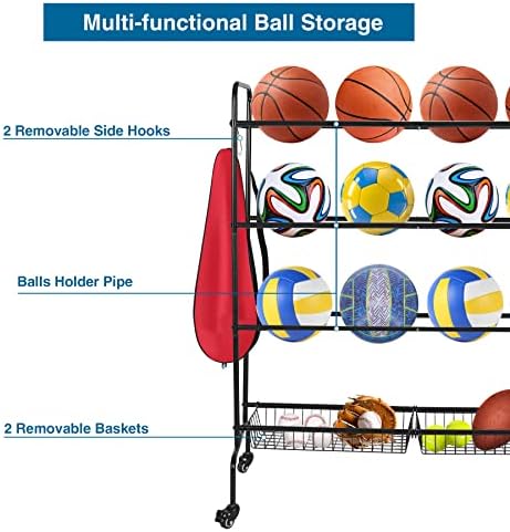 Stonehomy Basketball Rack com rodas de 4 camadas, rolando bolas de carrinho de armazenamento de basquete racks para armazenamento