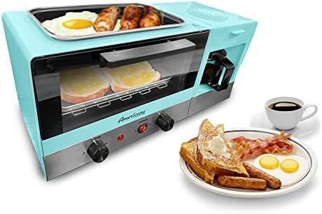 Elite Gourmet Americana 2 Slice, Griddle de 9,5 com tampa de vidro 3 em 1 Centro de café da manhã, cafeteira de 4 xícaras, torradeira com timer de 15 minutos, modo de seletor de calor, azul, azul,