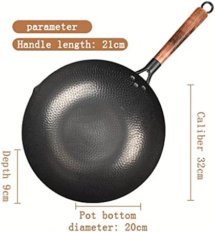 XWWDP 32cm tradicional artesanal wok de ferro espessamento não revestido Pan Wok Cook com tampa de madeira