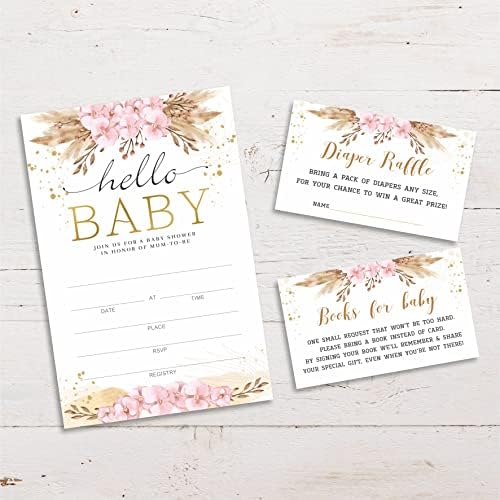 Convites de chá de bebê, bilhetes de sorteio de fraldas e cartões de solicitação de livro de chá de bebê, rosa rosa boho floral