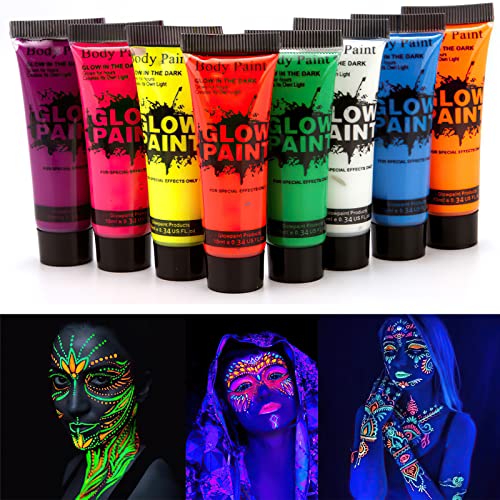 Mielikki 8pcs UV Black Light Glow Face e Body Paint Set, Kit de maquiagem de brilho de Blacklight, tintas faciais fluorescentes neon para festivais de rave, festas, noturno, fácil de usar e remover cores vibrantes e vibrantes