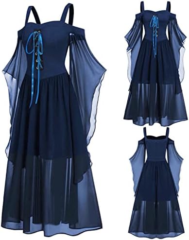 Vestidos maxi femininos, mulher plus size fria ombro de manga borboleta de manga de renda de halloween vestido gótico