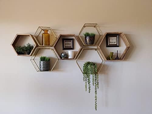 Conjunto Kimisty 4 prateleiras de parede hexagon cinza, prateleira de parede de malha flutuante, prateleiras de malha geométrica, prateleiras de cinza escuro Boho, decorativo