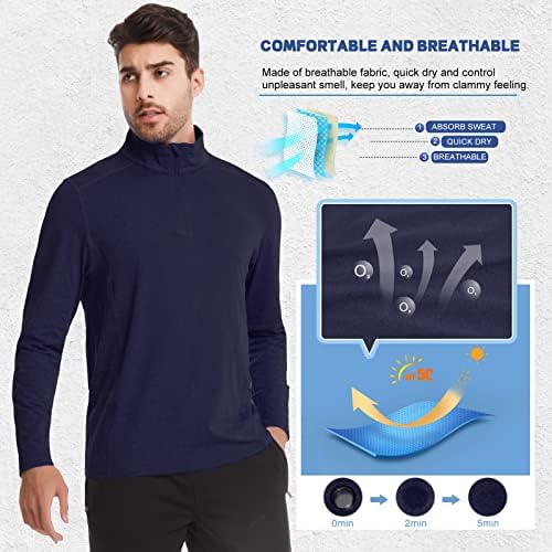 Meethoo Men's Polo camisas 1/4 zip de manga comprida UPF 50+ treino de proteção solar, com tampas de golfe moletom de