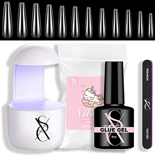 SXC Cosmetics Gel X Nail Kit com Gel de cola de 3 em 1 e 500pcs Dicas de unhas de caixão médio para extensão de arte de unhas DIY