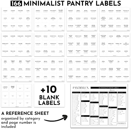 Pantrylux 166 Etiquetas de despensa de cozinha para recipientes de alimentos, rótulos de cozinha, etiquetas para caixas de armazenamento, etiquetas de despensa para recipientes, etiquetas minimalistas de despensa de cozinha, rótulos para organizar - branco e preto