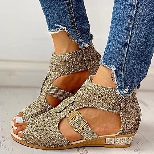 Sandálias para mulheres, verão, shinestone slippers hollow chinelos de volta zíper para as femininas romanas sapatos de caminhada