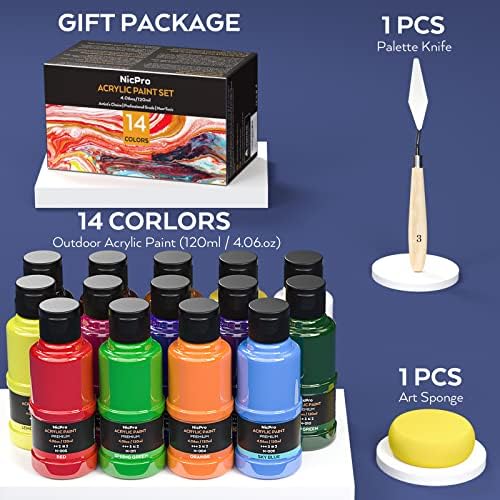 Nicpro 14 cores tinta acrílica, conjunto de tintas acrílicas a granel, 120 ml / 4,06 oz, pigmentos ricos, suprimentos