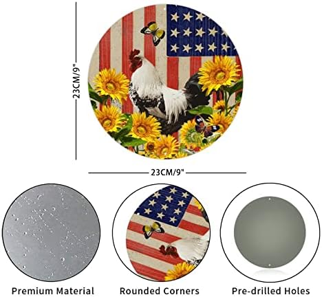 Placa redonda de metal placa resistida patriótica sinalizador americano galo de frango e girassóis de girassóis de porta