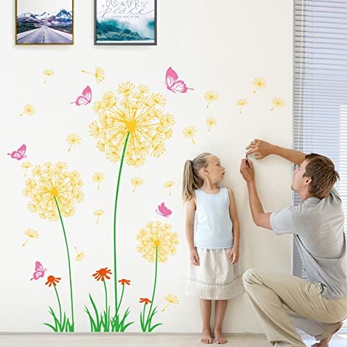 Buialy Removable 3D Dandelion Parede Decalques Flores e Adeus de parede de borboleta voadora Murais Murais Peel e Stick Stick