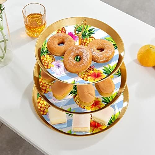 Conjunto de exibição de mesa de sobremesa, suporte de cupcakes de ouro, estandes de sobremesa, bandeja de porção de 3 camadas, suporte de camada de copo, suporte de bolo de casamento para mesa de sobremesa, listras de abacaxi de flor havaiana de verão