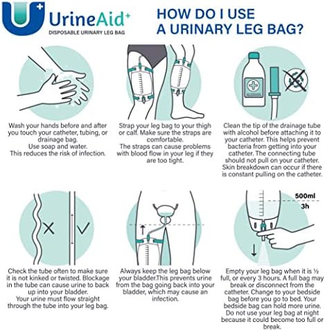 3 Pacote de urineAid mais bolsa de drenagem urinária com câmara anti-refluxo e válvula de fácil retenção, bolsa de urina com volume de 1000 ml de 34fl com tiras de perna, tubos de drenagem de 50 cm, bolsa urinária para casa e hospitais
