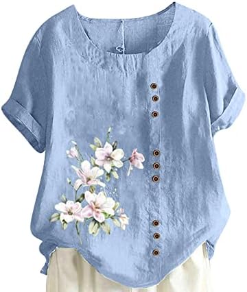 Camiseta de algodão de linho para mulheres de manga curta 2023 botão de pescoço da tripulação para cima da camisa Floral Graphic Plus