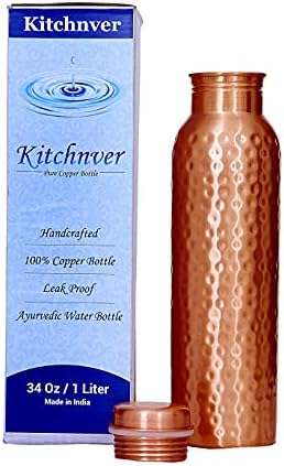 Kitchnver 100Percentage Garrafa de água de cobre de cobre pura 34 oz 1 litro de 1 litro de vaso de vaso de vazamento extra gravado