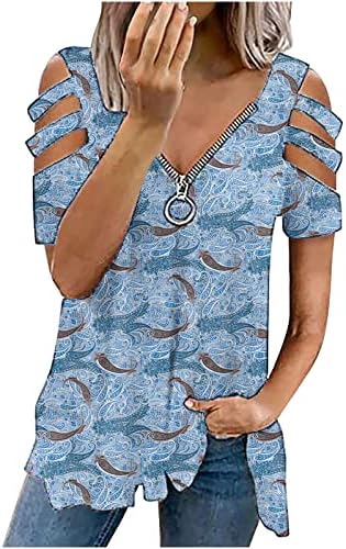 Lcepcy Women's Cold ombro de ombro de ombro camiseta zip v pesco